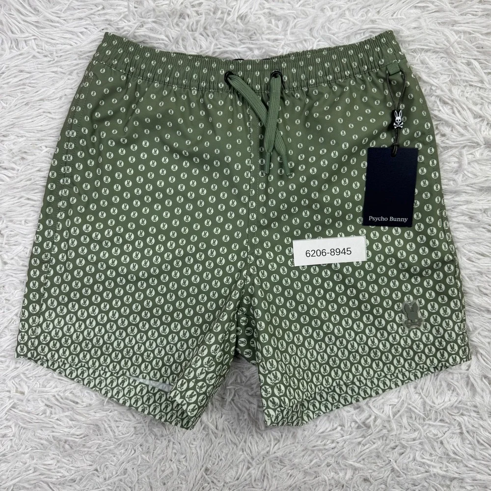 NWT Psycho Bunny Shorts Boys Medium 10-12 Green Bendigo AOP Lined Swim Trunk M